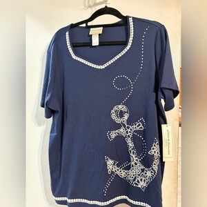 NWT Alfred Dunner Navy Blue Anchor Top